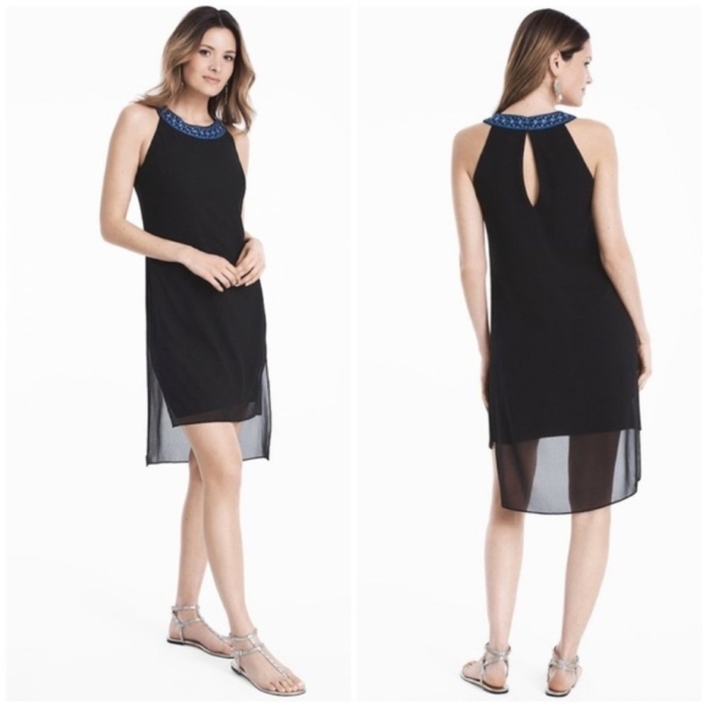 WHBM Embellished Embroidered Neck Black Sleeveless Woven Overlay Dress